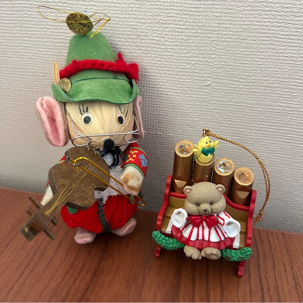 Vintage Kurt Adler Straw Mouse Violinist + 1996 Westmar Bear Ornament Lot Xmas